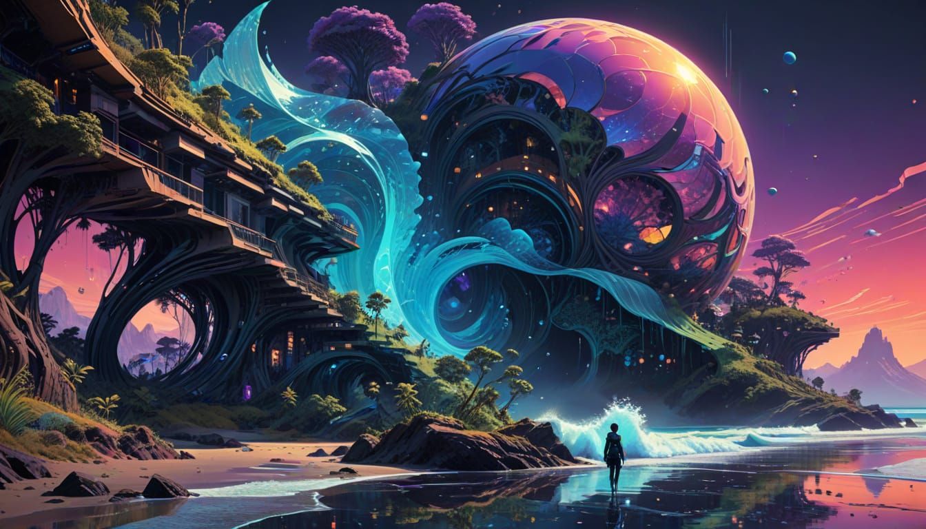 Vibrant spectral entities dancing amidst shimmering fractal ...