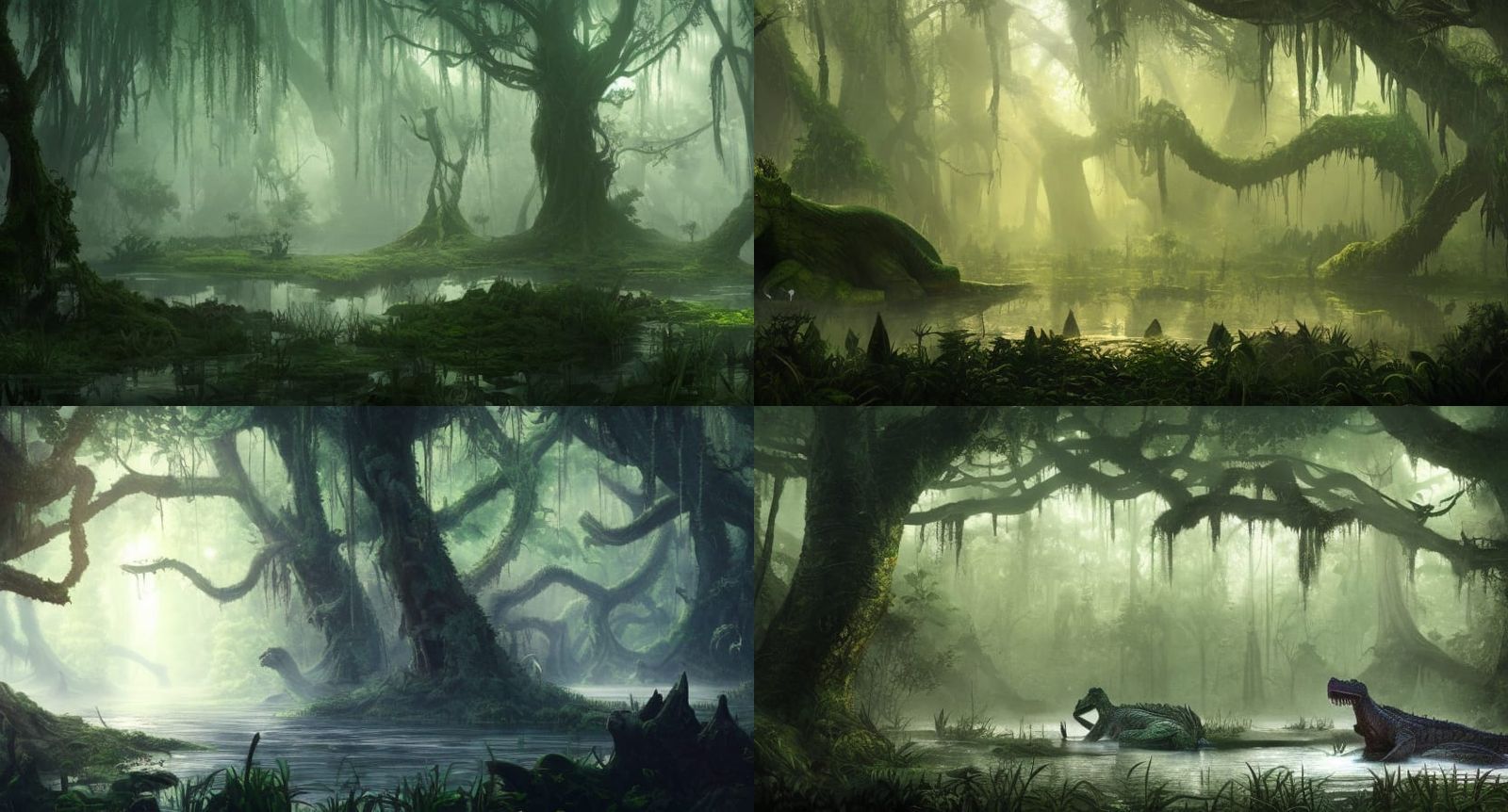 Fantastical Swamp Landscape with Crocodiles in Matte Paintin...