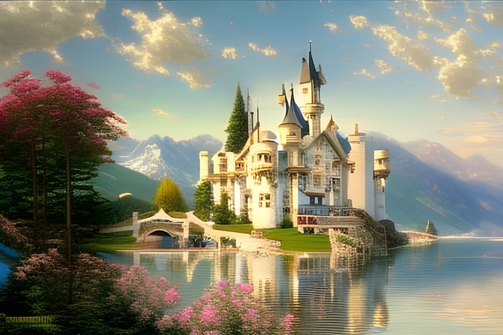 PC-010 Lakeside White Marble Castle by Lake in the Alps - 1246