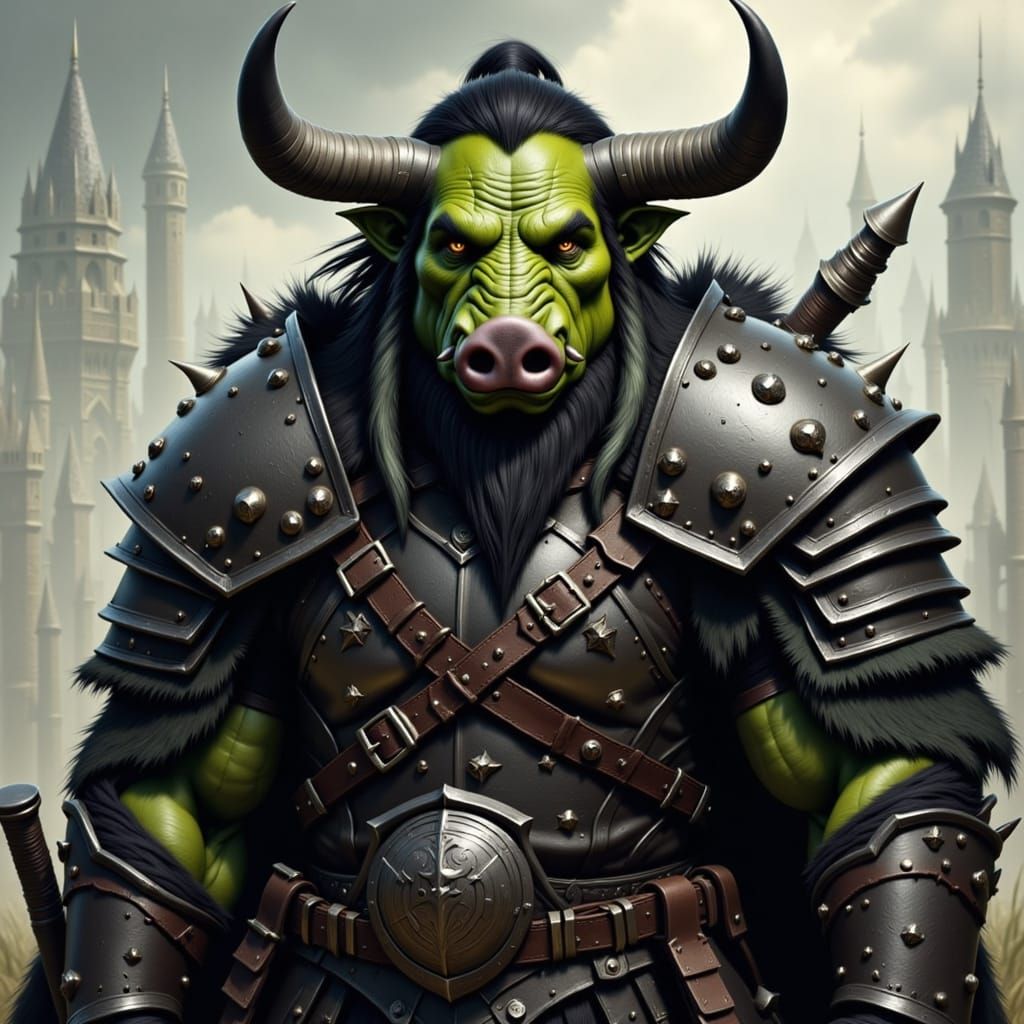 Medieval Orc Chieftain with Green Hog Head and Boar Tusks