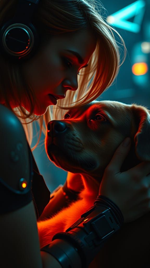 Cyborg Woman Cares for Injured Dog in Retro Future
