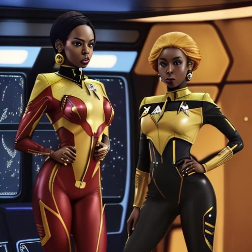 Two stunning beauty African women in matching super tight golden latex uniforms are standing in the control room, (weari...