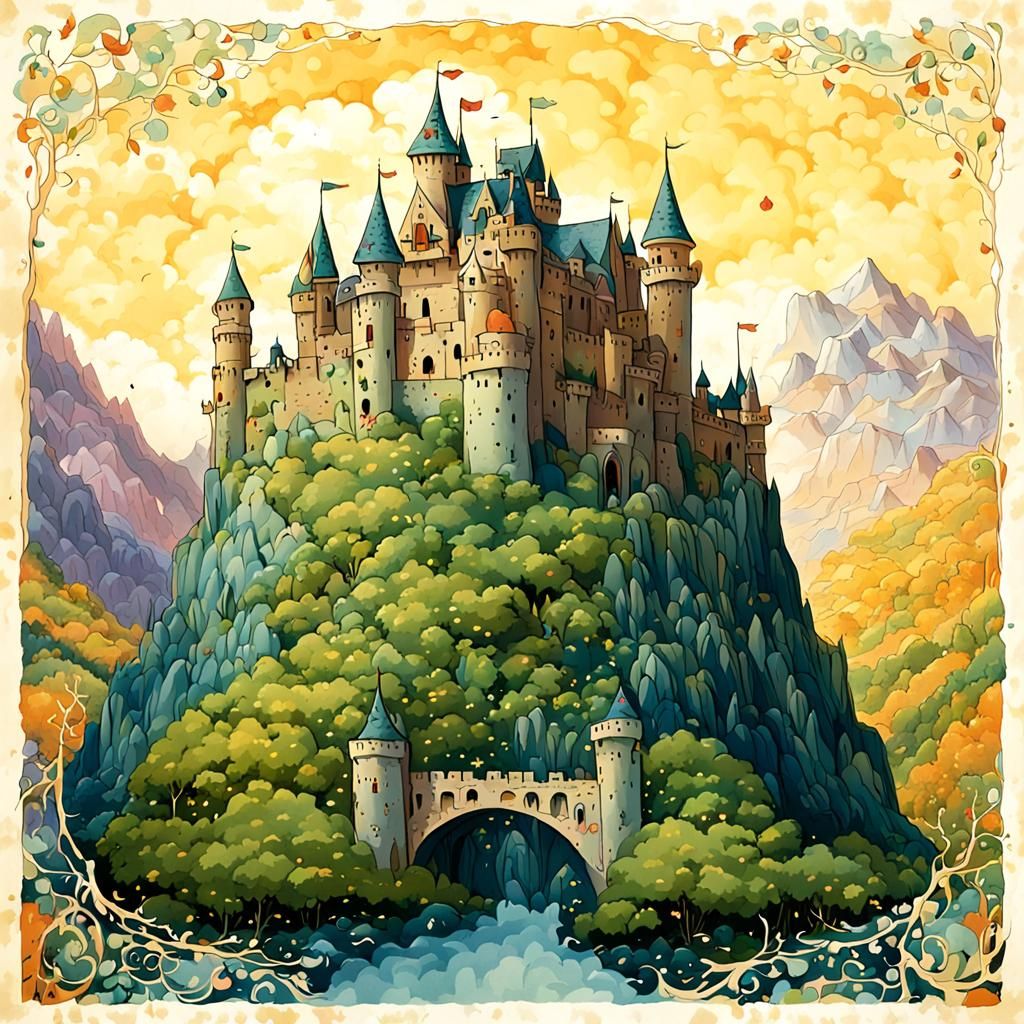 Whimsical Castle Illustration Near Mountain