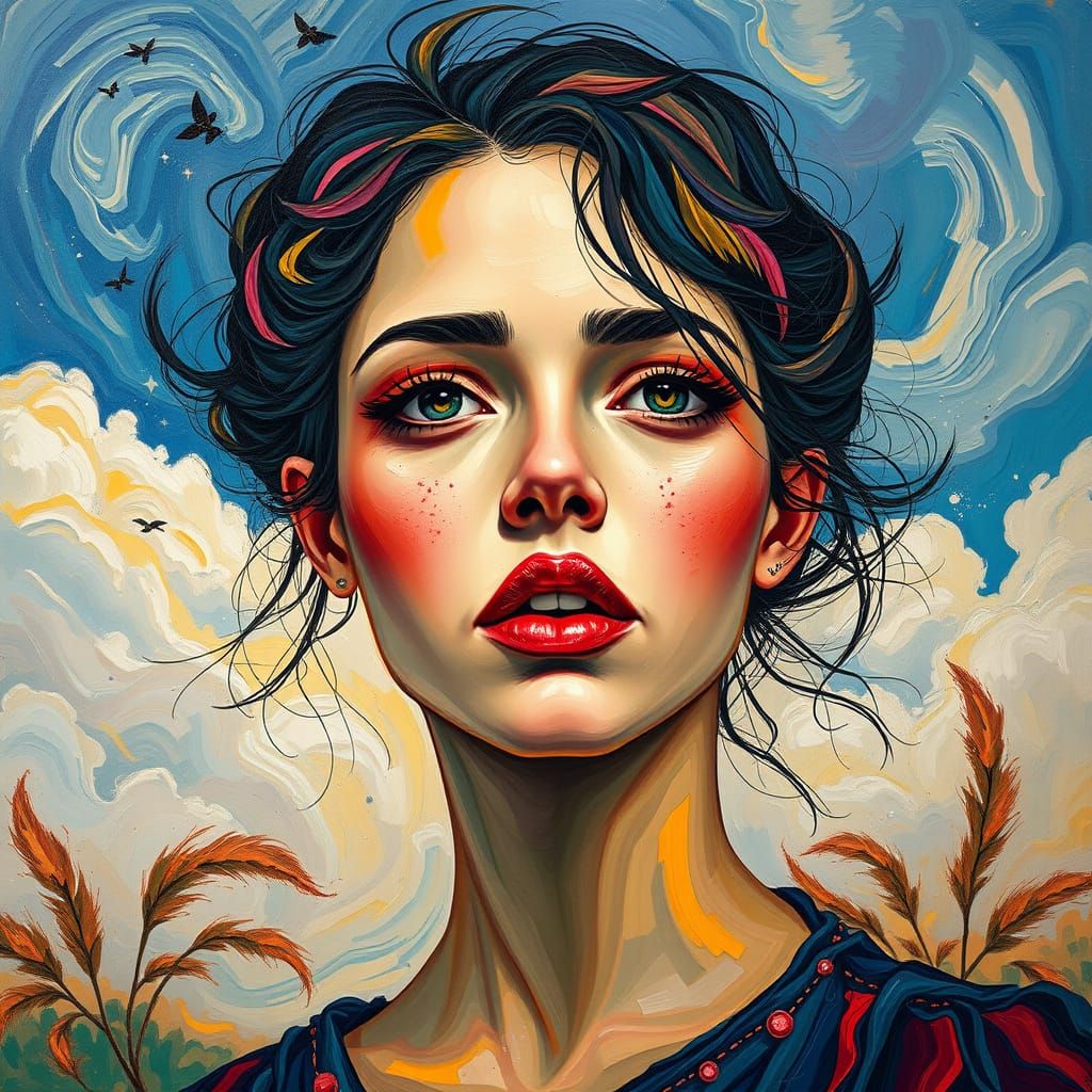 Ethereal Woman in Emotional Turmoil, Neo-Expressionist Oil P...