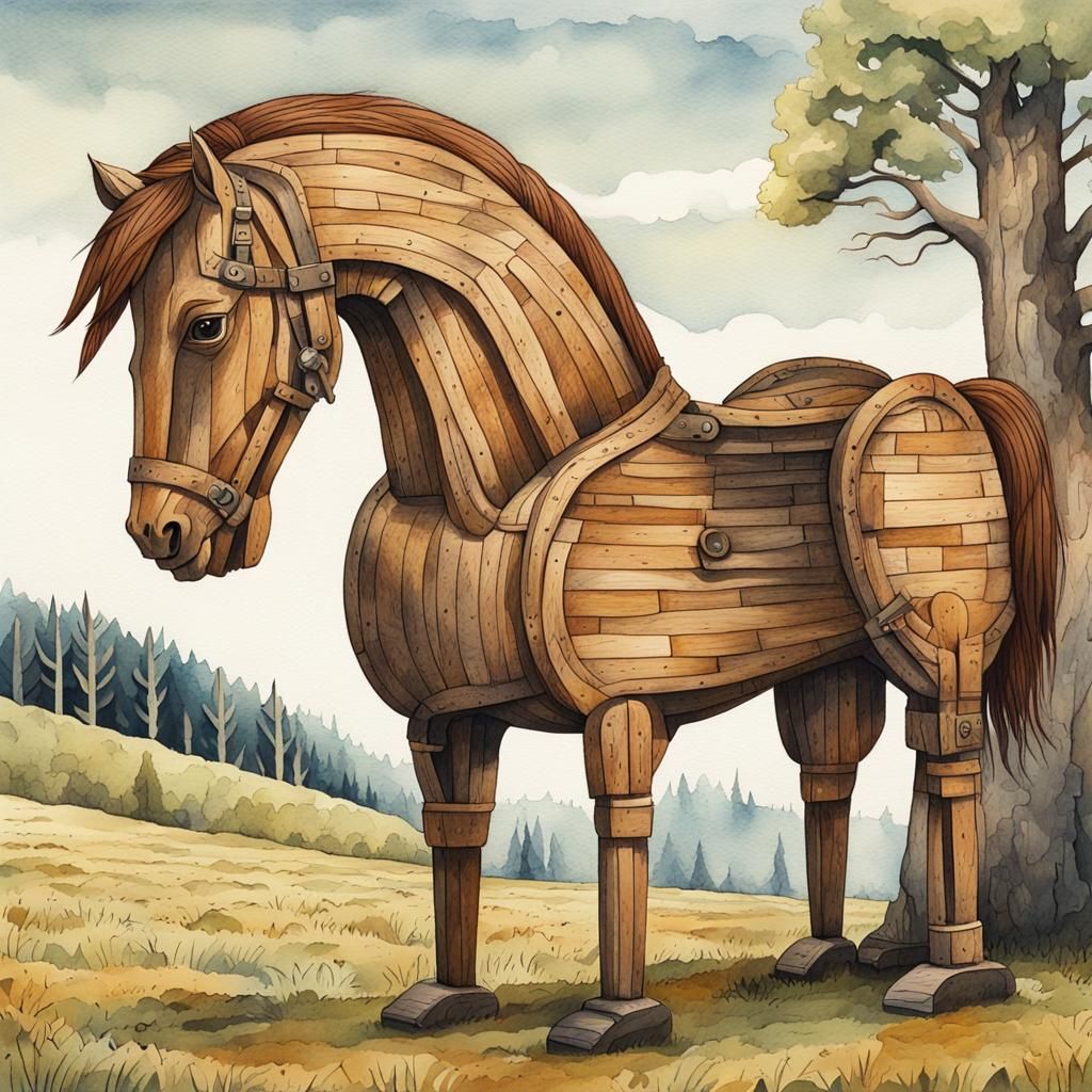 Majestic Wooden Horse: Storybook Gouache Illustration
