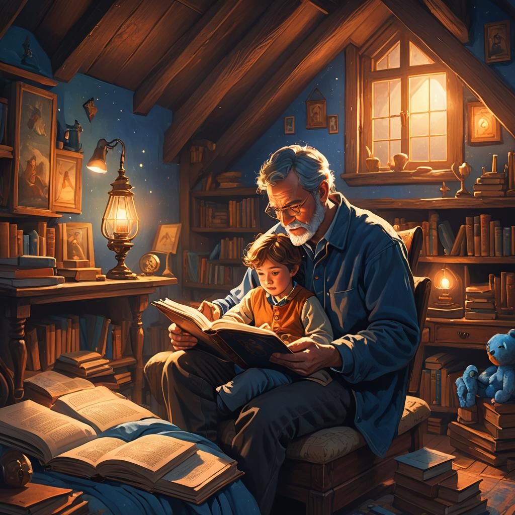 Father and Child Story Time in Cozy Attic