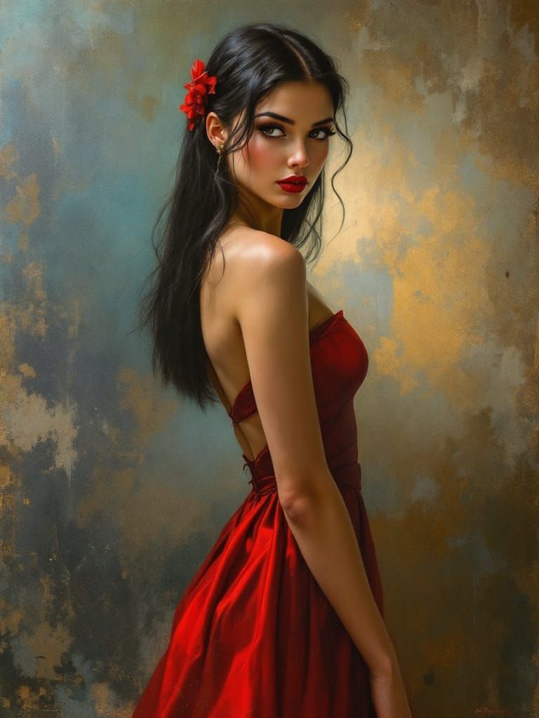 Pin-Up Woman in Red Dress with Intense Gaze