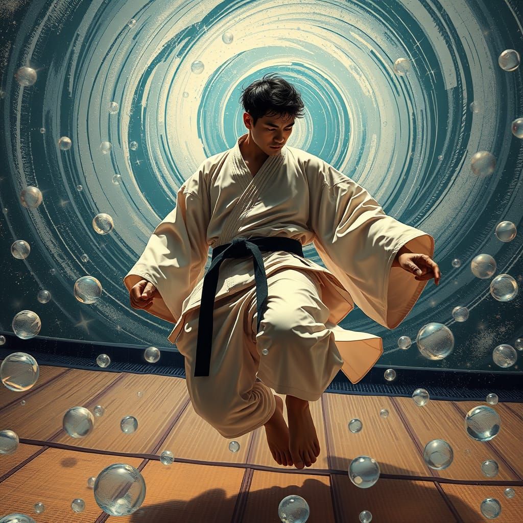 Karate Kimono Amidst Tatami Bubbles in Hyperrealistic Style