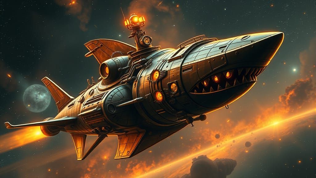 Steampunk Hammerhead Shark Spaceship in Golden Hour Nebula