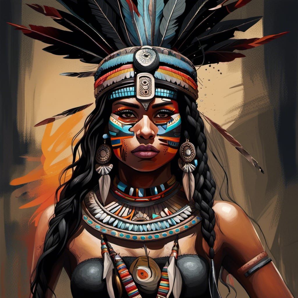 Fierce Aztec Woman in Hyperrealistic Splash Art