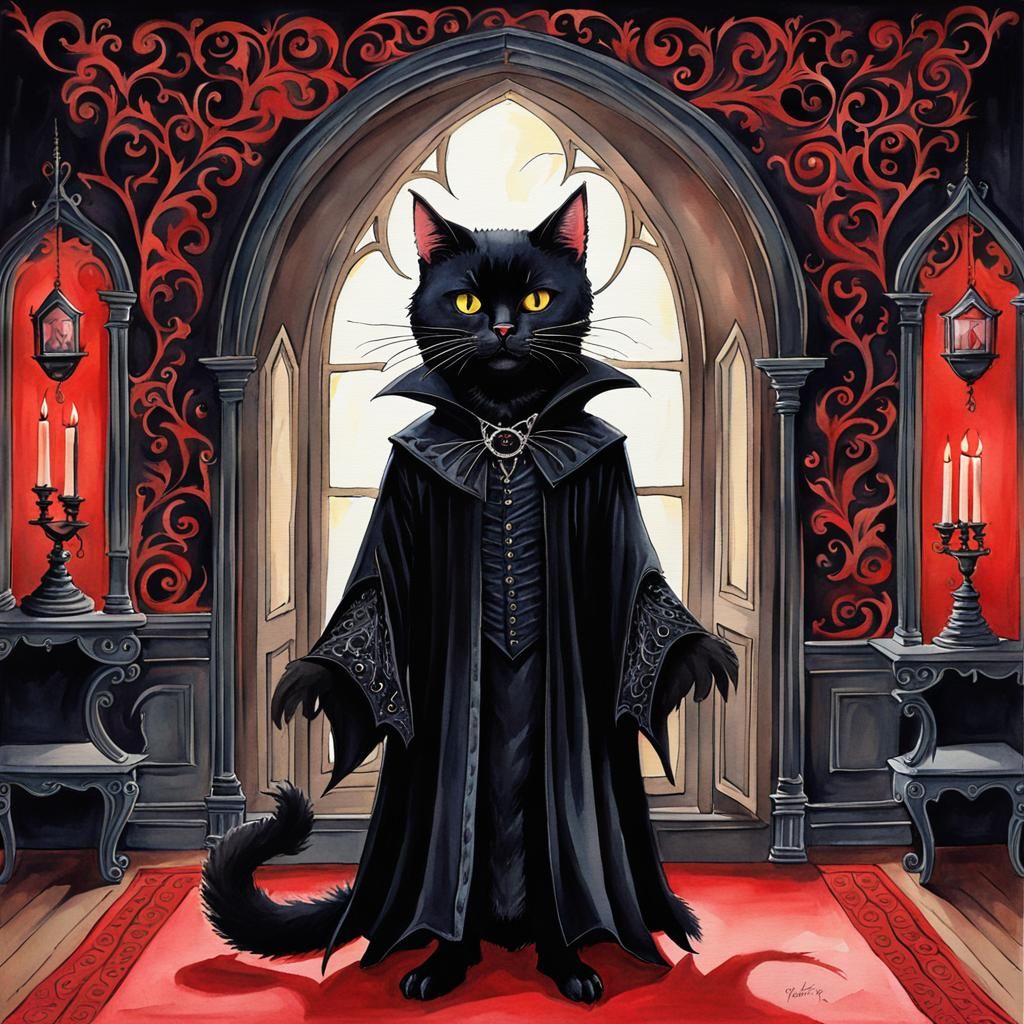Whimsical Devil Cat in Gothic Horror Style