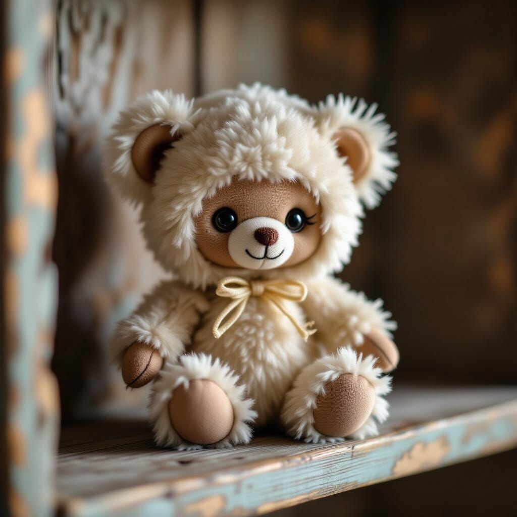 Photorealistic Monchichi Toy on Wooden Shelf