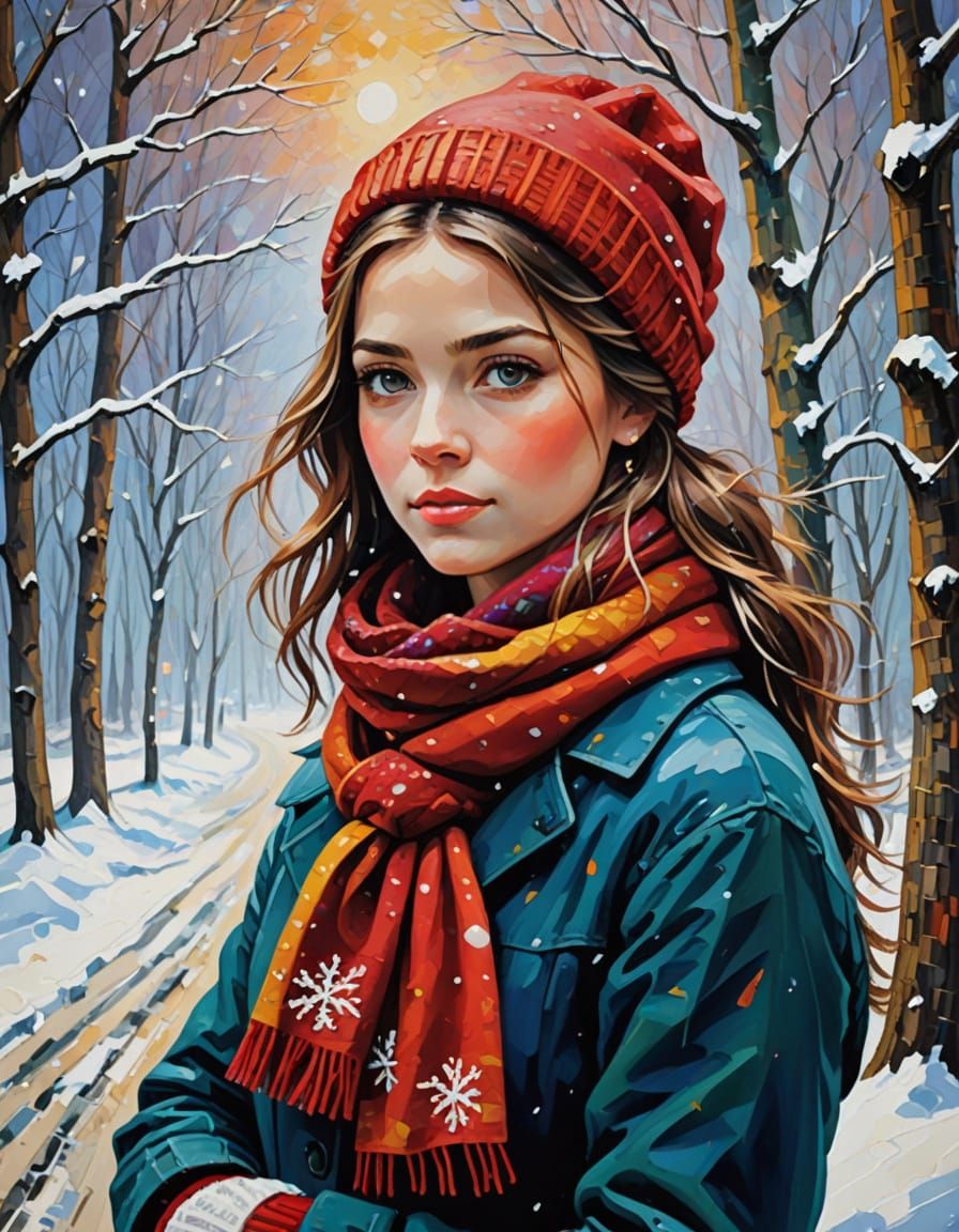 Serenely Seated Winter Scene in Vibrant Impasto Style