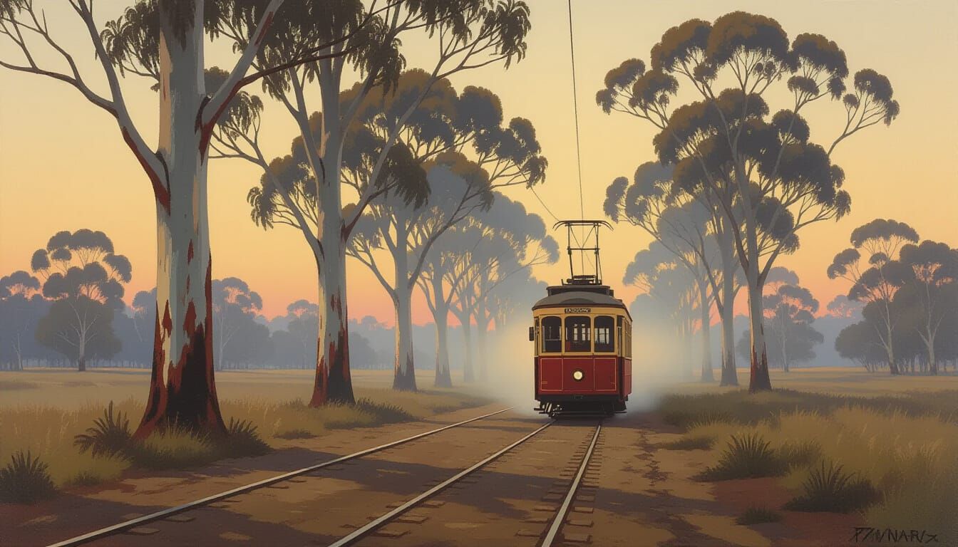 Spectral Tram in Misty Australian Twilight Landscape