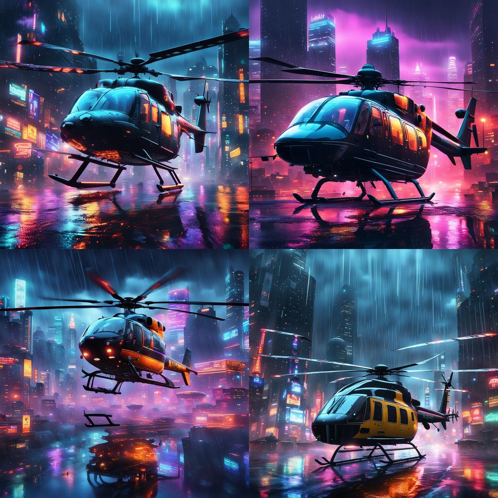 Cyberpunk Helicopter Over Neon Cityscape at Night