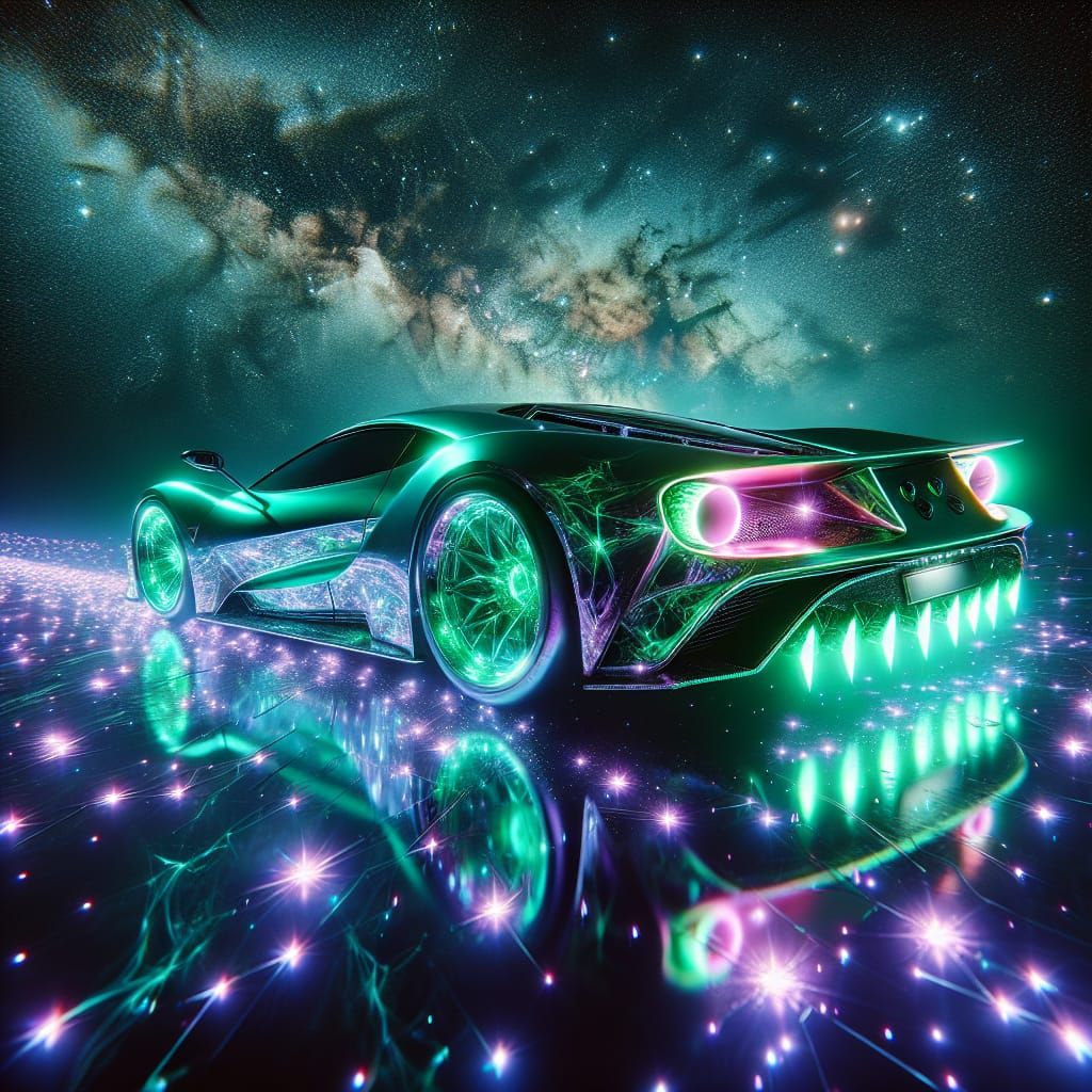A glowing, radioactive Lamborghini with a neon green hue, em...