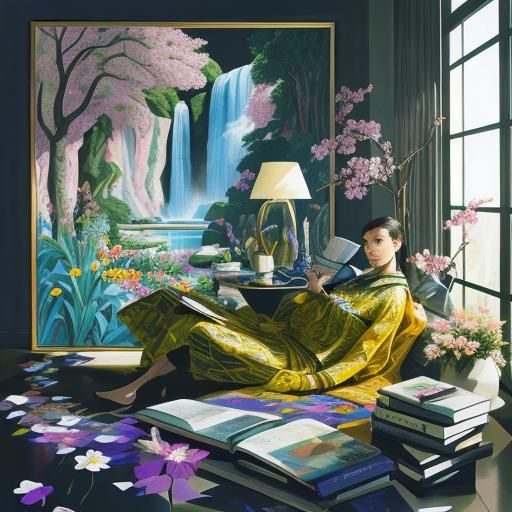 Cubist Woman with Book and Flowers