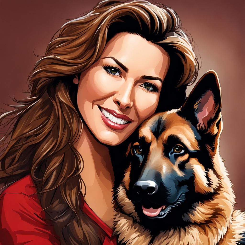 Shania Twain Portrait with German Shepherd, Cel Shading