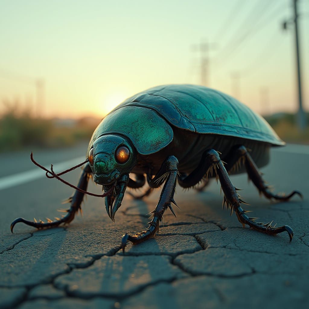 Gargantuan Cockroach Emerges on Desolate Asphalt Road
