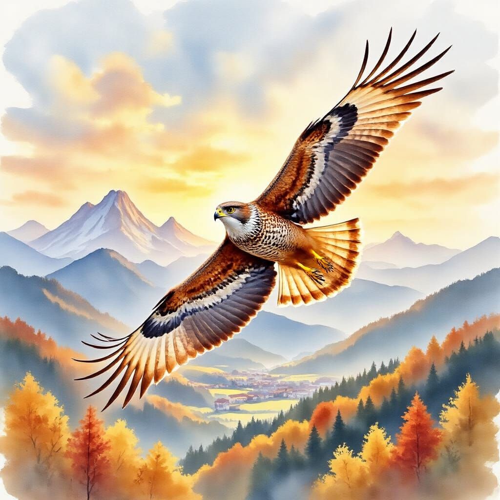 Majestic Goshawk in Autumn Mountain Landscape Watercolor