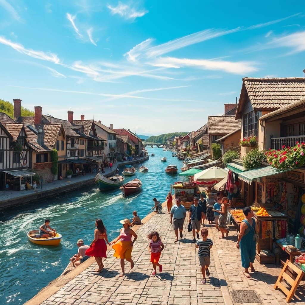 Village Life Along the Serene Riverbank in Vibrant Colors