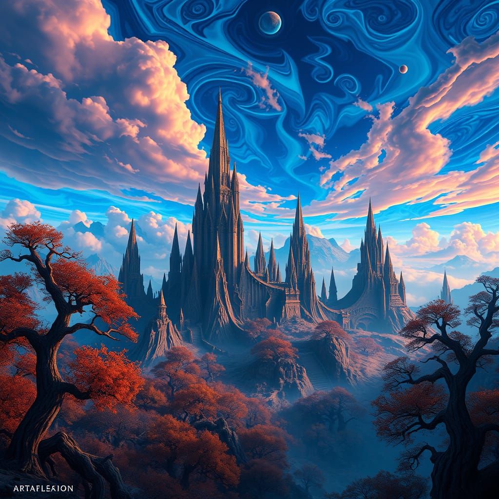 Surreal Fantasy Realm with Electric Blue Skies and Ancient T...