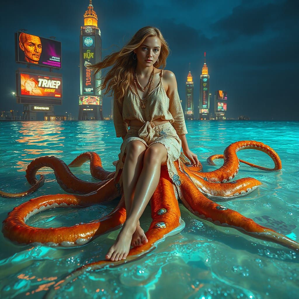 Luminous Bohemian Woman on Iridescent Squid
