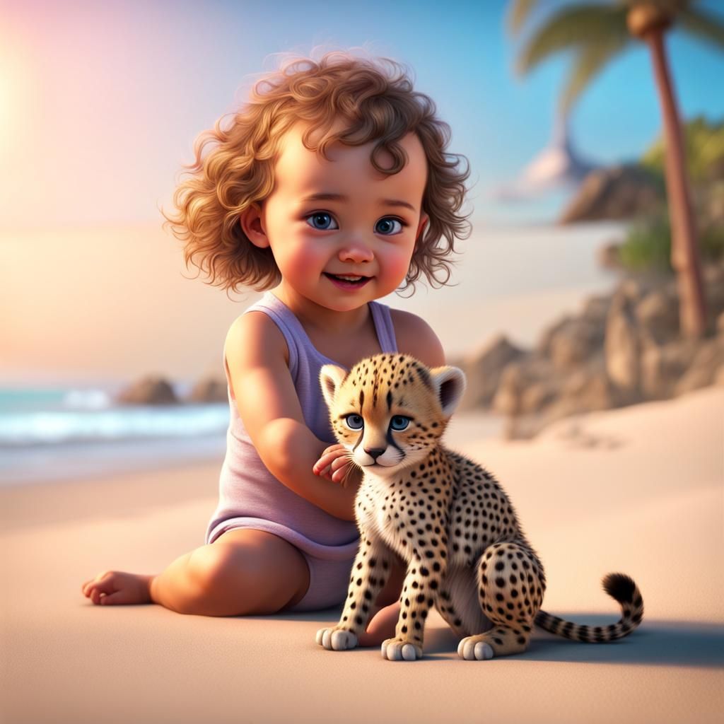 Baby Girl and Cheetah Cub: Pixar-Style 3D Art