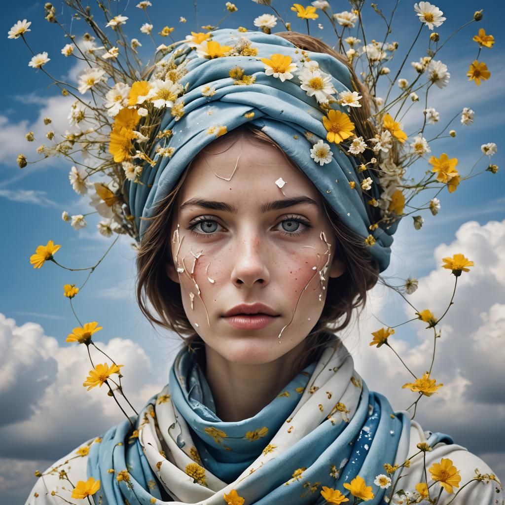 Fragile Woman Portrait in Impressionistic Kintsugi Style