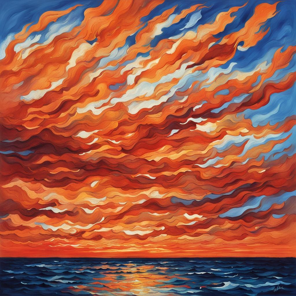 Flaming Clouds Reflect on Calm Sea