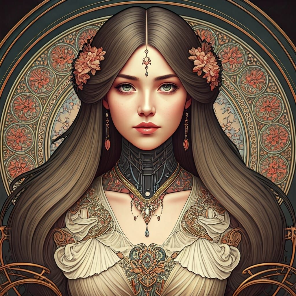 Elegant Cyberpunk Woman in Art Nouveau Style