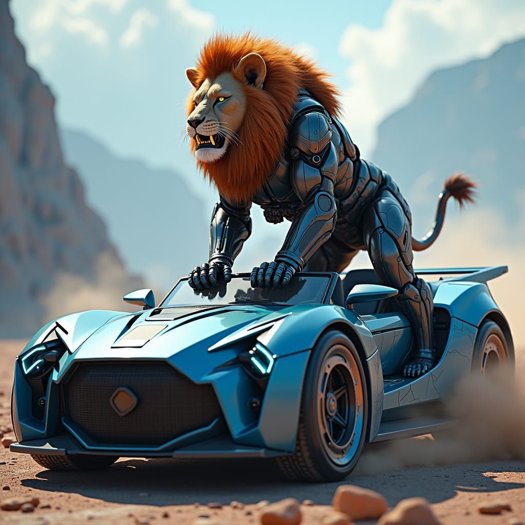 Mechanized Lion on High-Tech Car in Fantasy Style