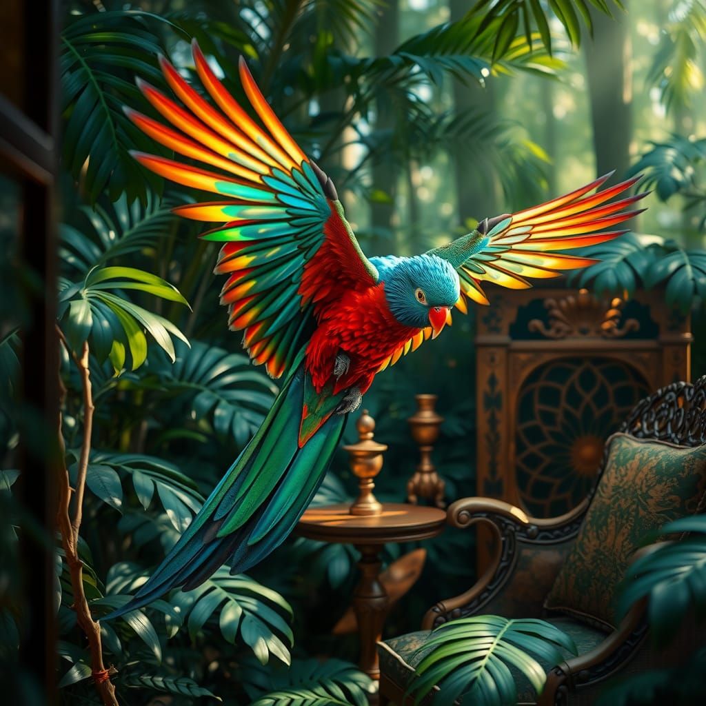 Iridescent Parrot Flight Through Tropical Forest