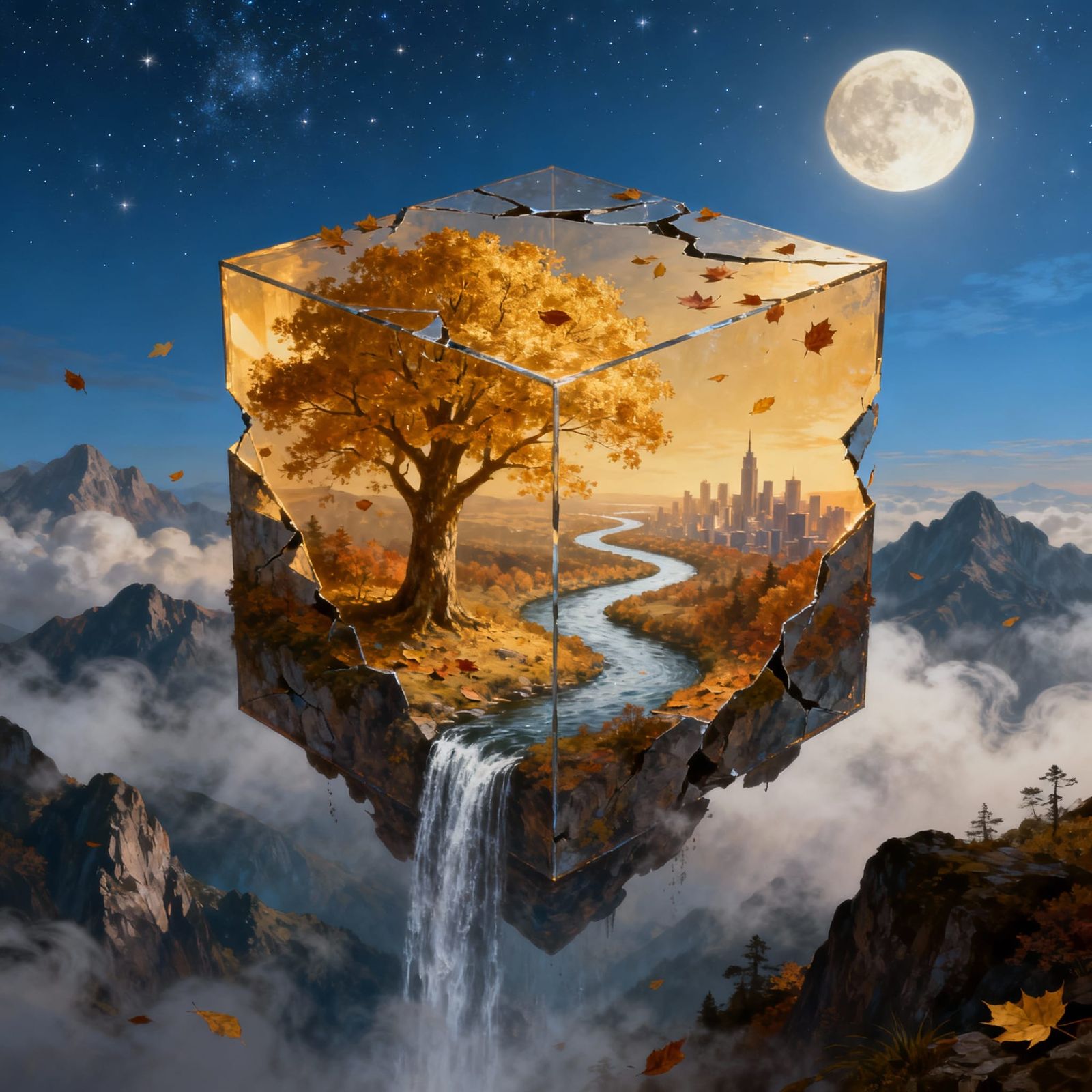 Surreal Floating Cube Frames Autumn Landscape Under Starry N...