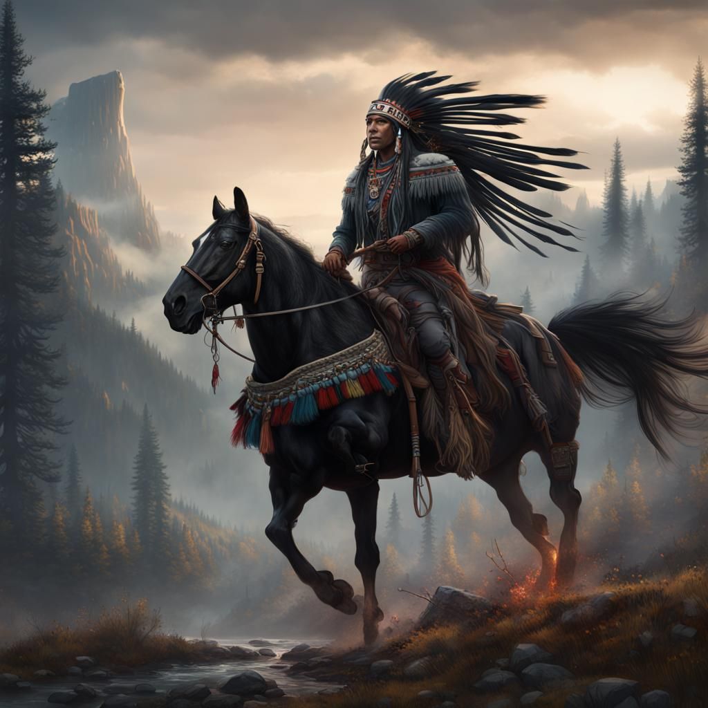Blackfeet Native American on Horseback: Fantasy Concept Art