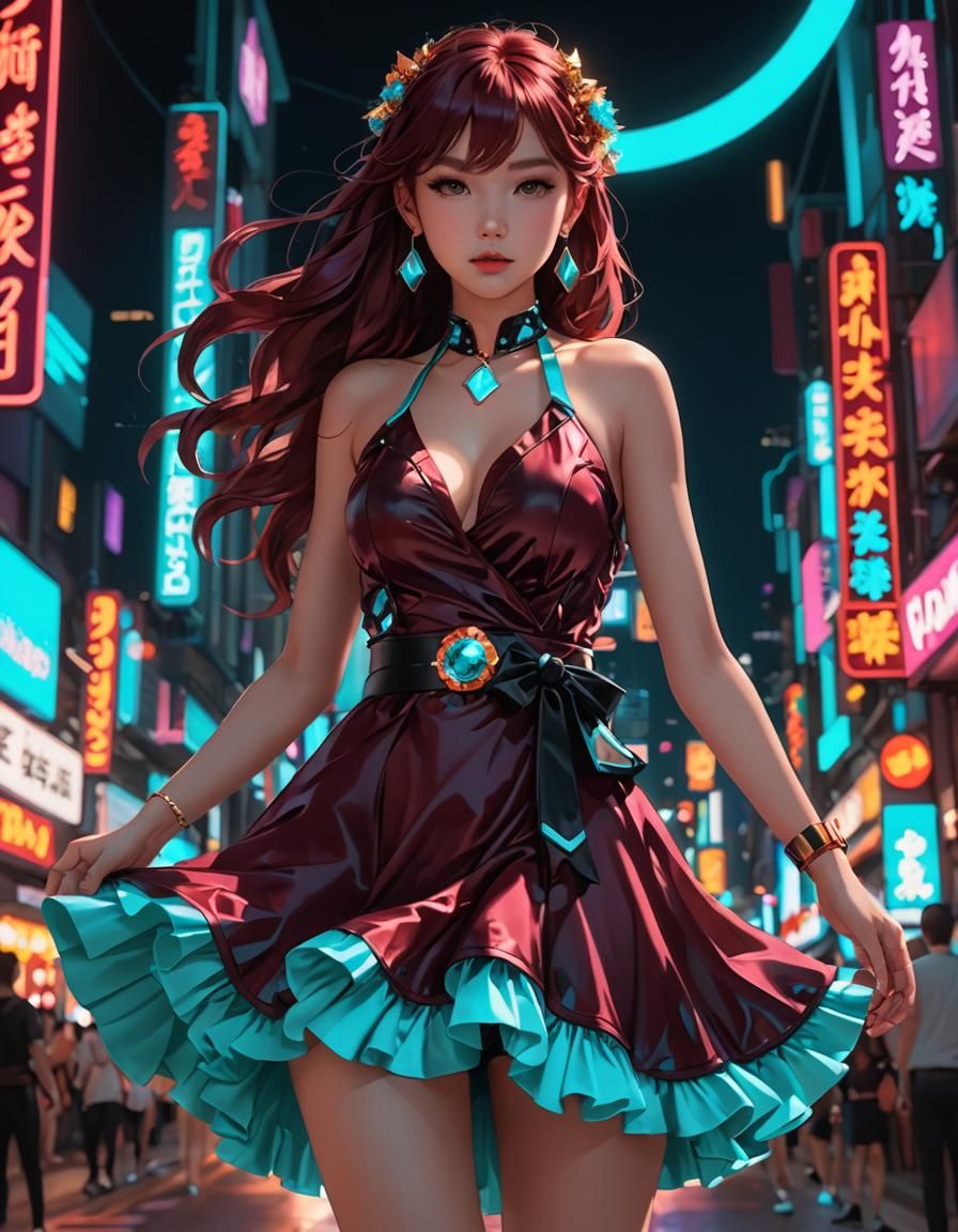 Neon Dress with Gemstones in Anime Style