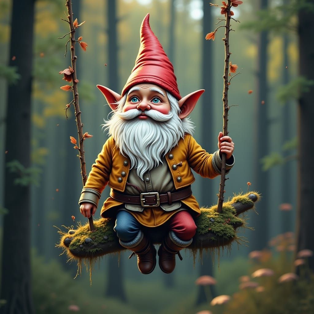 Gnome in Perilous Mid-air Predicament in Vibrant Colors