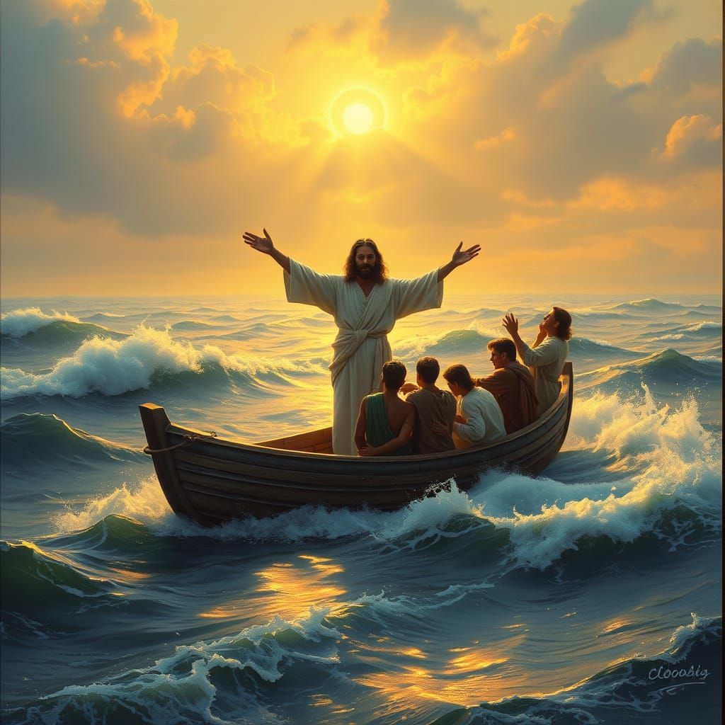 Majestic Jesus Commands the Turbulent Sea in a Serene Sunset