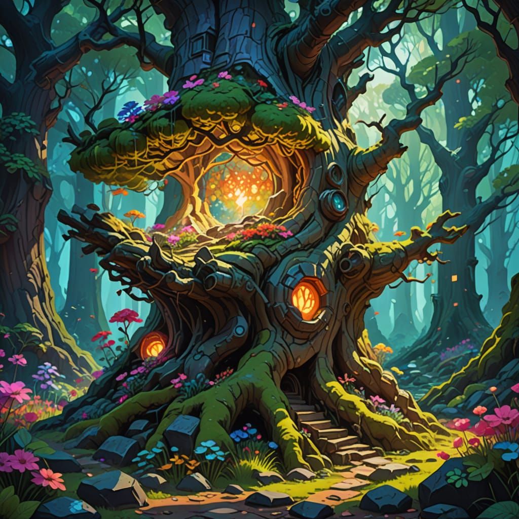 Vibrant Tree in Mystical Forest, in Pop Art Style