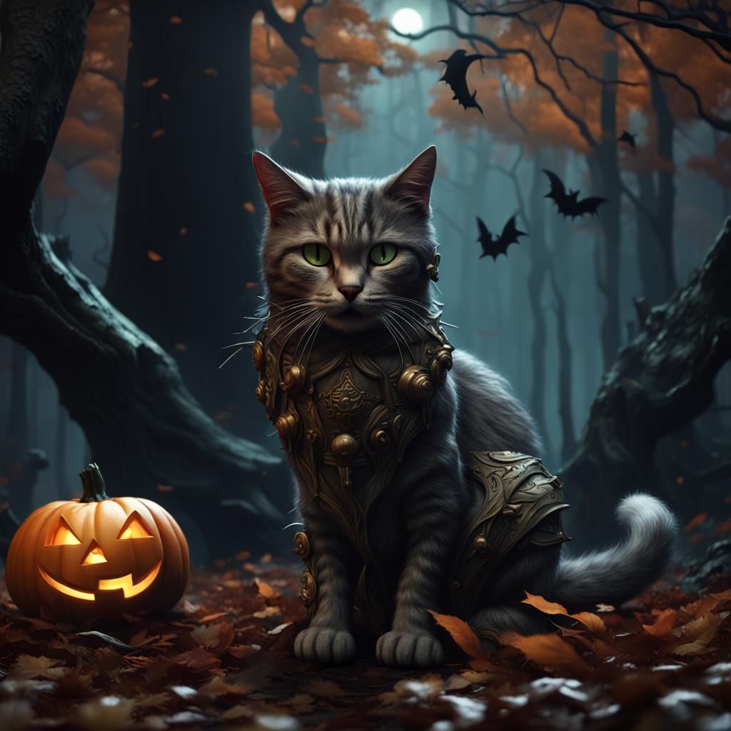 Surreal Halloween Cat in Dark Fantasy Forest
