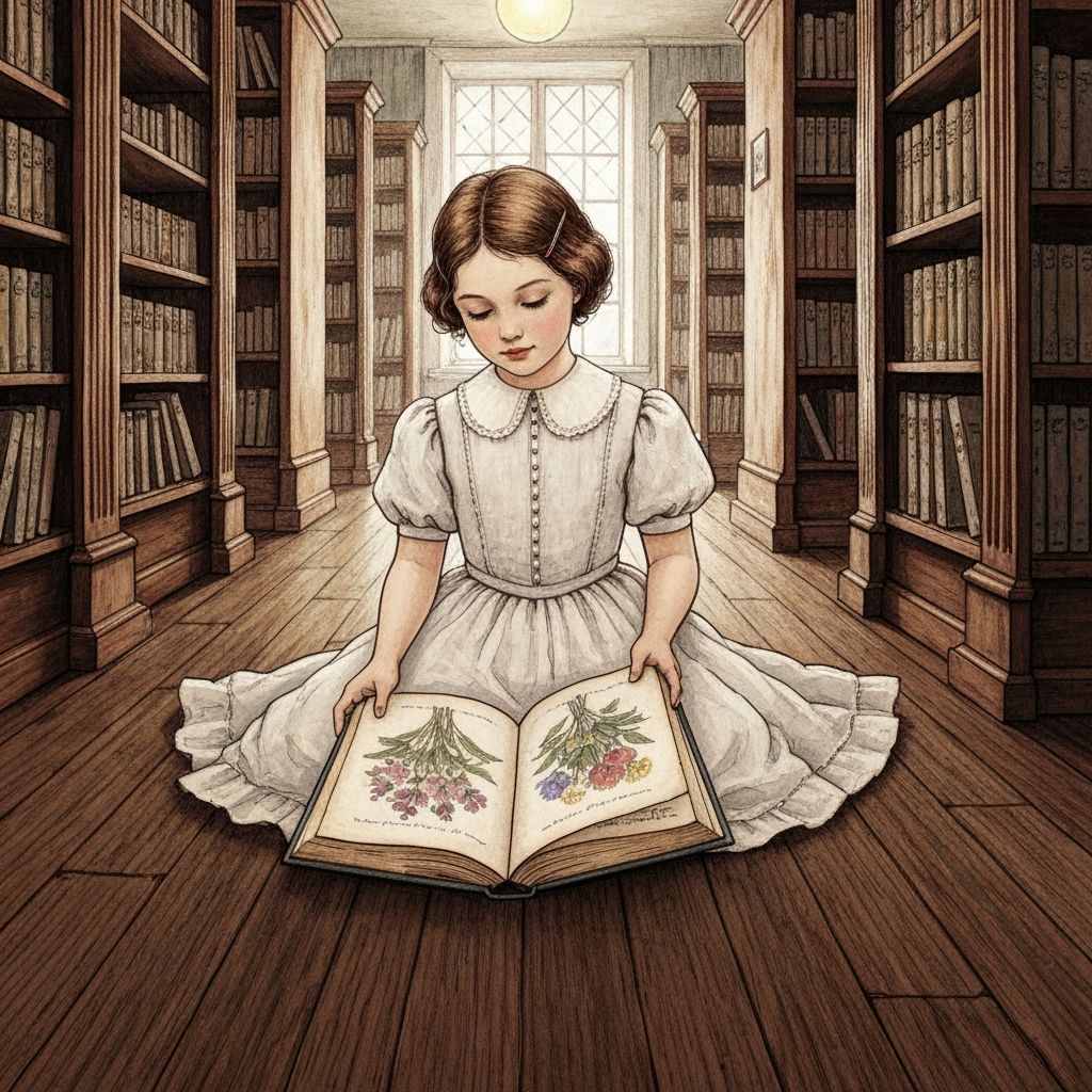 Girl Reads Antique Book in Fairytale Library