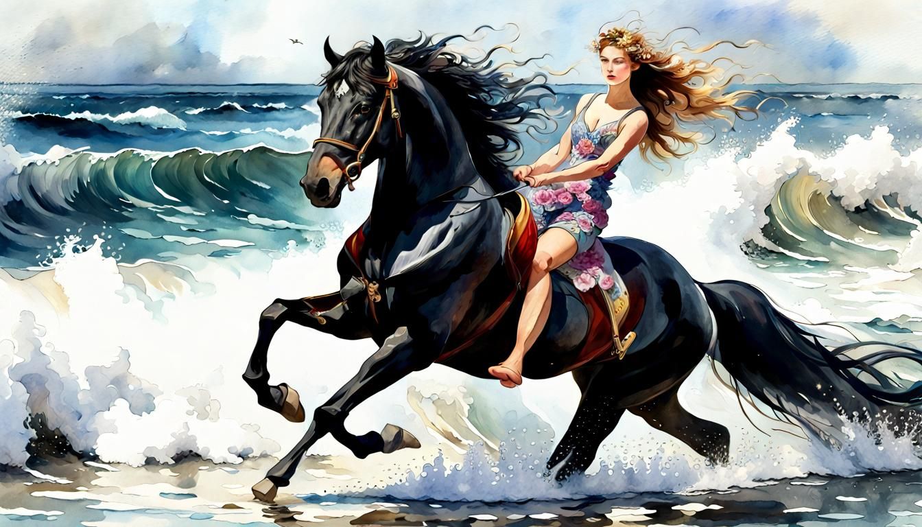 Woman and Black Stallion in Surf: Digital Watercolor