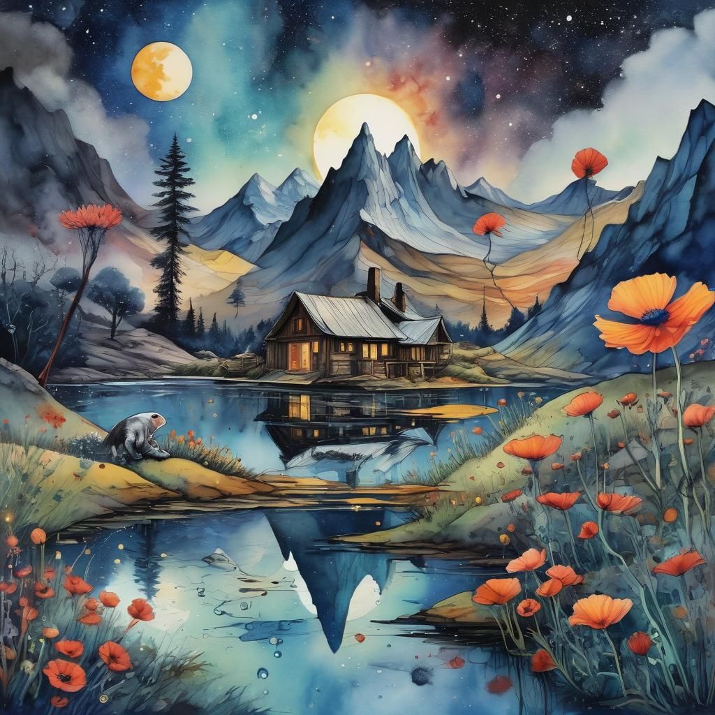 Watercolor House in Alien Mountain Landscape