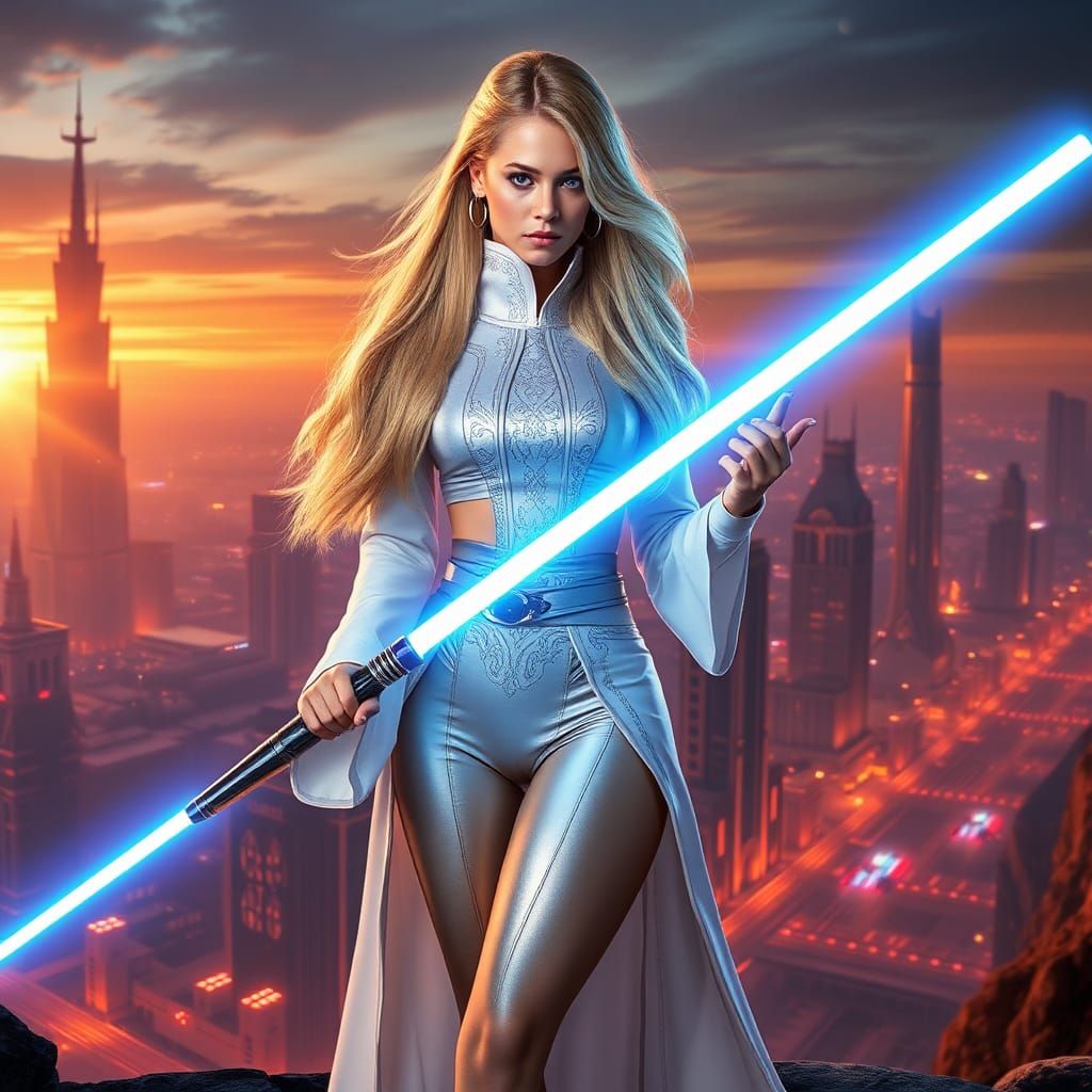 Confident Jedi Knight in Cyberpunk Coruscant Sunset