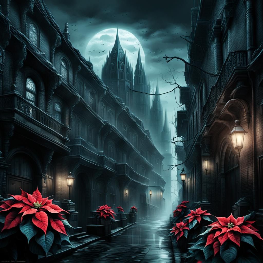 Dark Fantasy Poinsettia City in Gothic Style