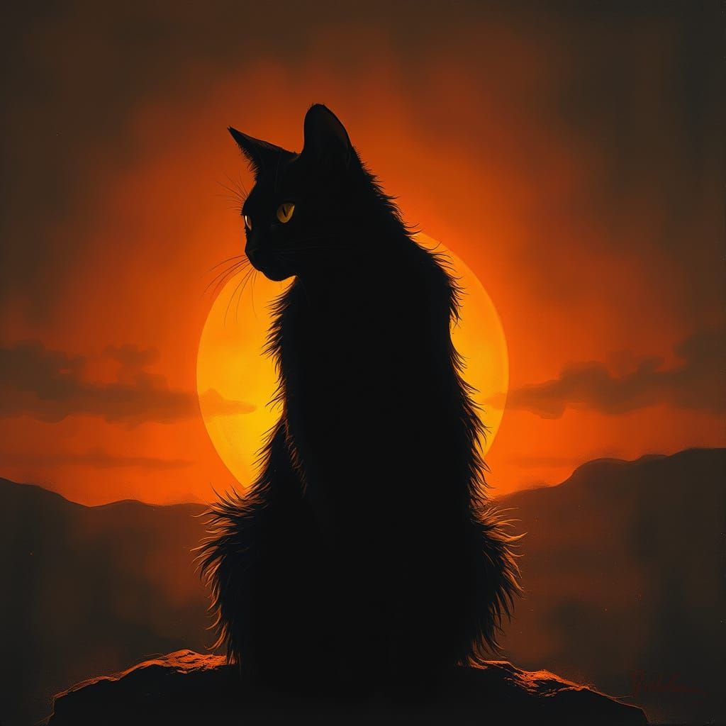 Black Cat in Sunset, Warli Art Style