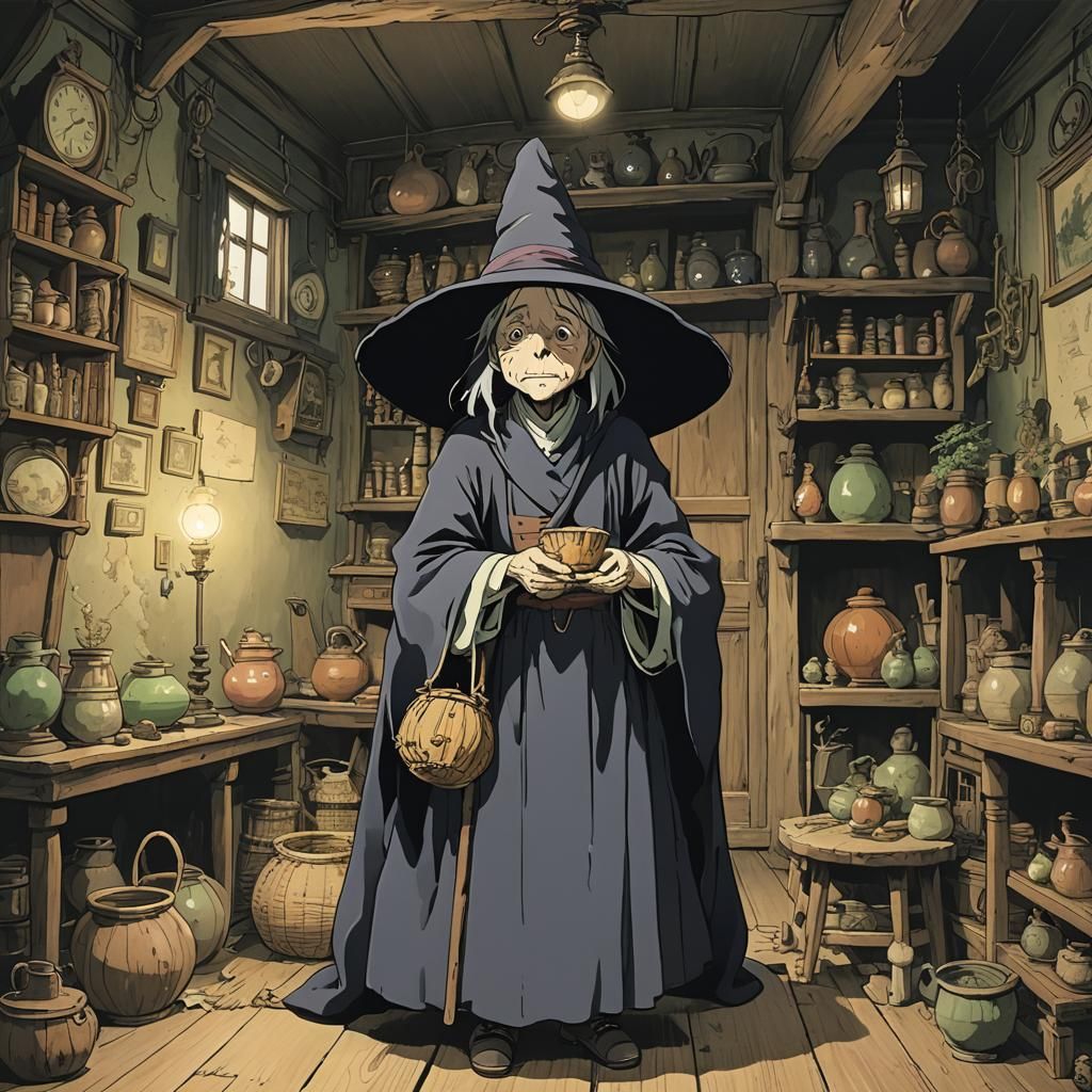 An old witch in a haunted house Studio Ghibli