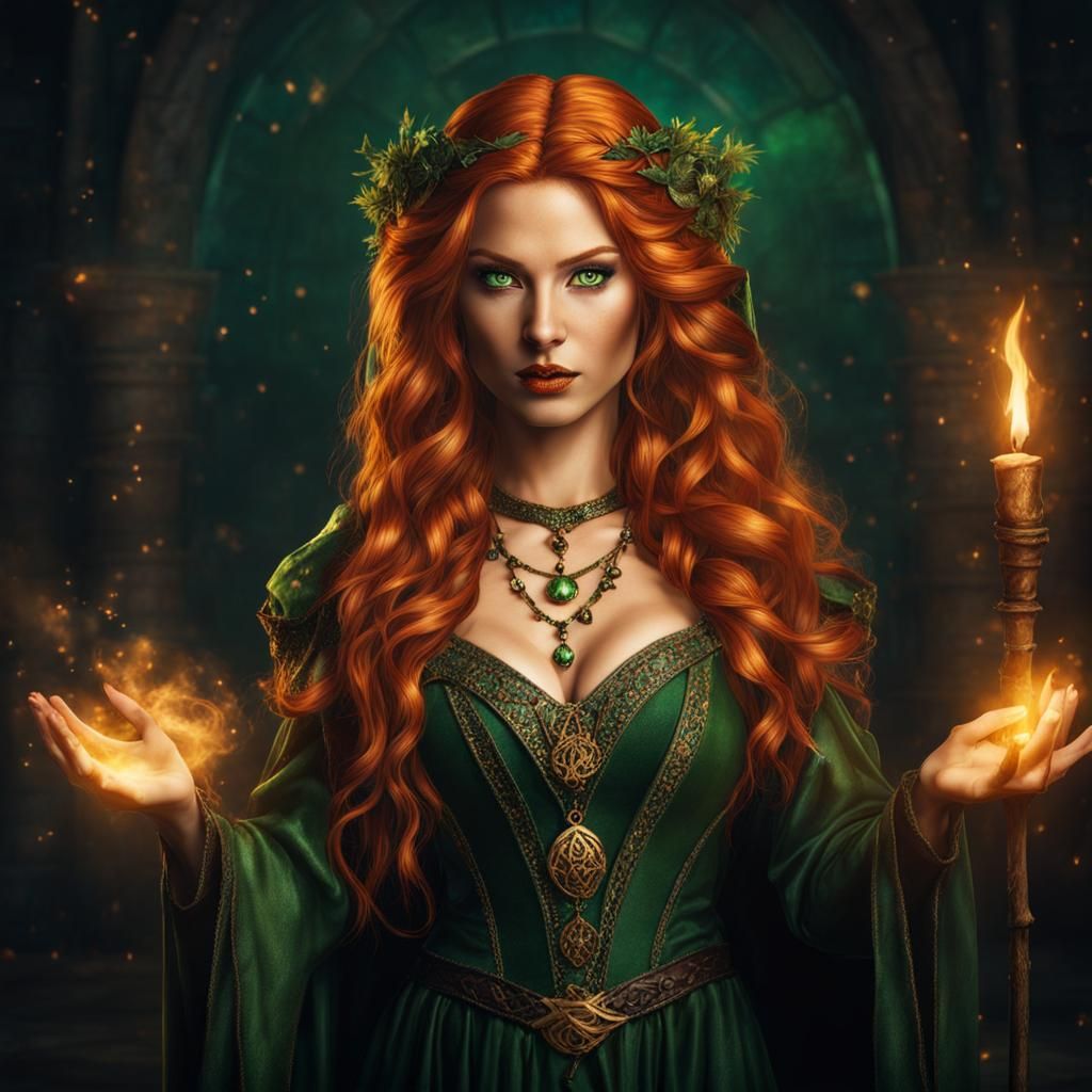 Amber-Haired Sorceress Preparing a Spell