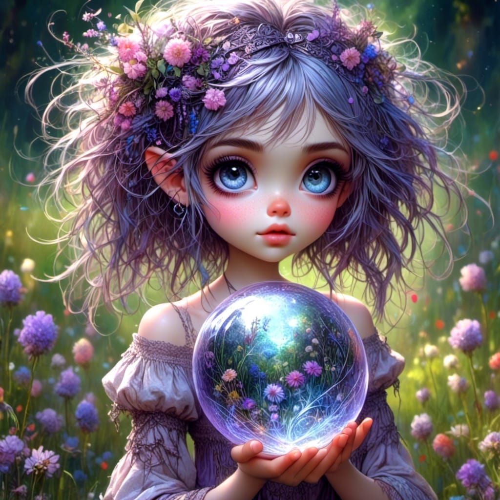 Chibi Girl with Glowing Sphere in Garden Meadow