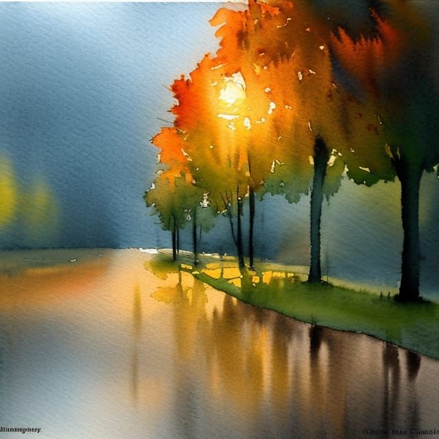 Sunrise Over Autumn Rain in Watercolor Style